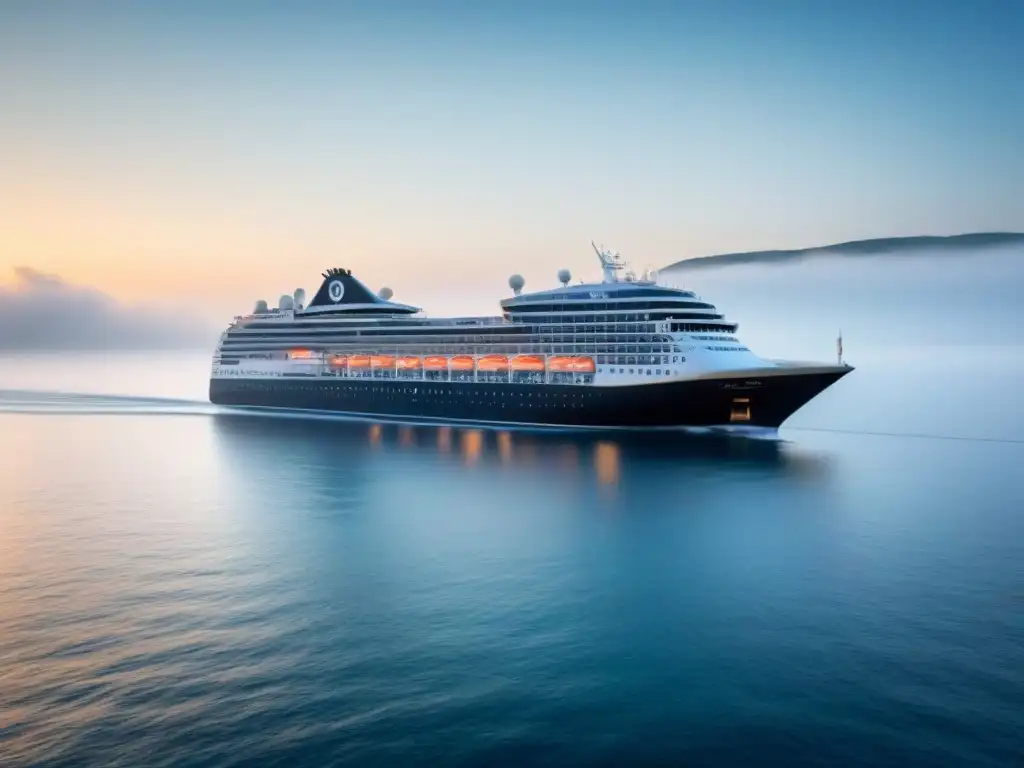 Un crucero temático marítimo curioso navega con elegancia en aguas cristalinas y tranquilas, bajo un cielo despejado