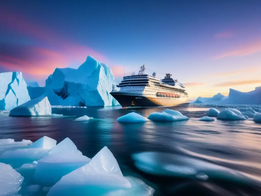 Un crucero temático marítimo curioso navegando entre glaciares iluminados bajo un cielo estrellado