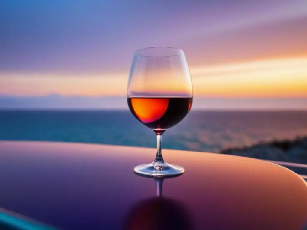 Un crucero temático para enófilos surca aguas cristalinas al atardecer, con la silueta de una copa de vino y viñedos en su reflejo