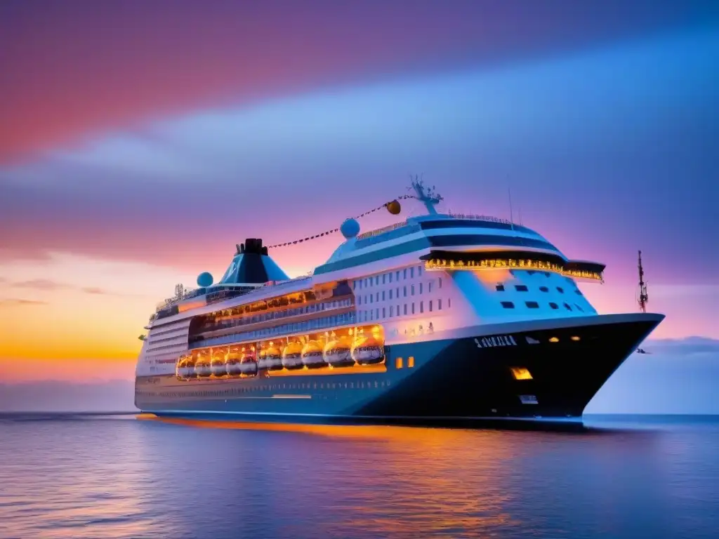 Un crucero temático para enófilos navegando al atardecer en aguas tranquilas, rodeado de un cielo naranja y rosado vibrante