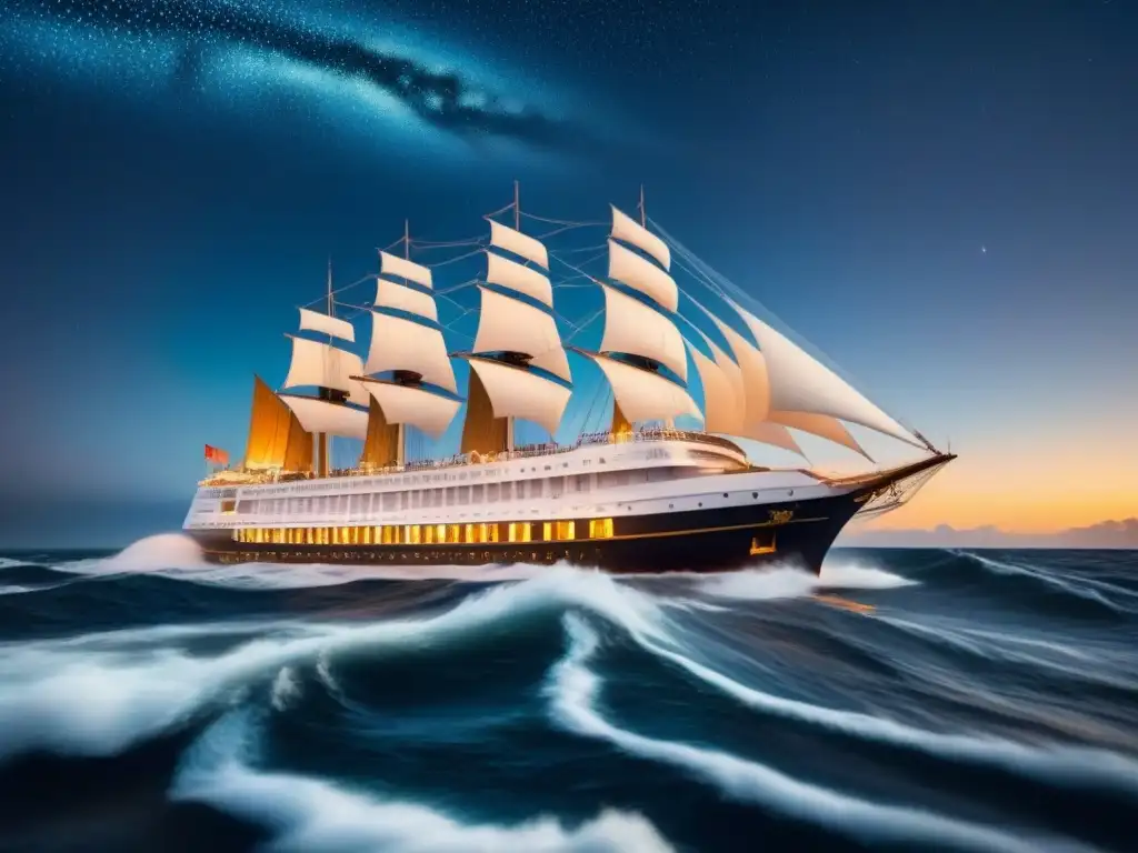 Un crucero temático de historia navega bajo un cielo estrellado en medio de olas turbulentas, evocando aventuras pasadas