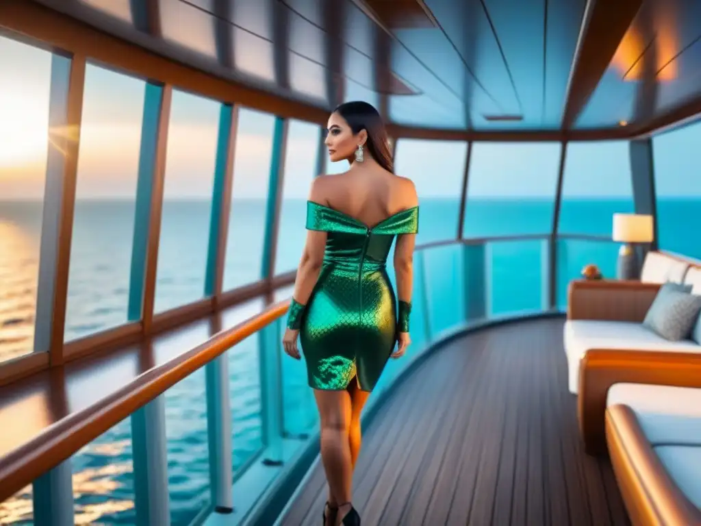 Crucero temático de lujo innovador navegando en aguas turquesas con diseño moderno y elegantes pasajeros disfrutando el atardecer