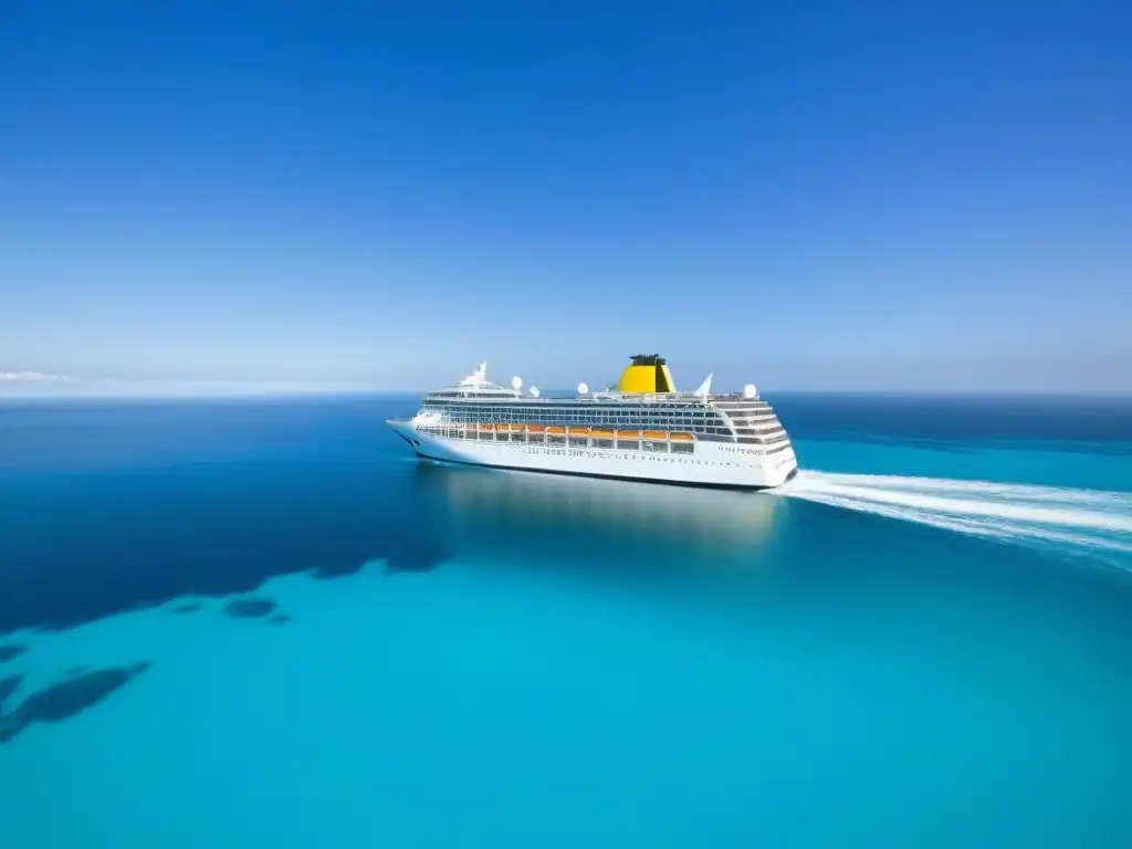 Un crucero temático de música en el mar: un barco navegando en aguas turquesas bajo un cielo azul, con notas musicales en el aire