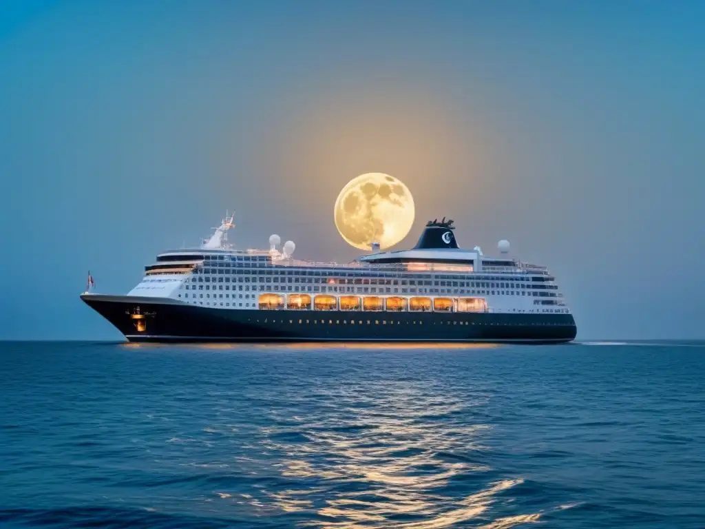 Un crucero temático de música surca el mar bajo un cielo estrellado, con la luna iluminando el agua