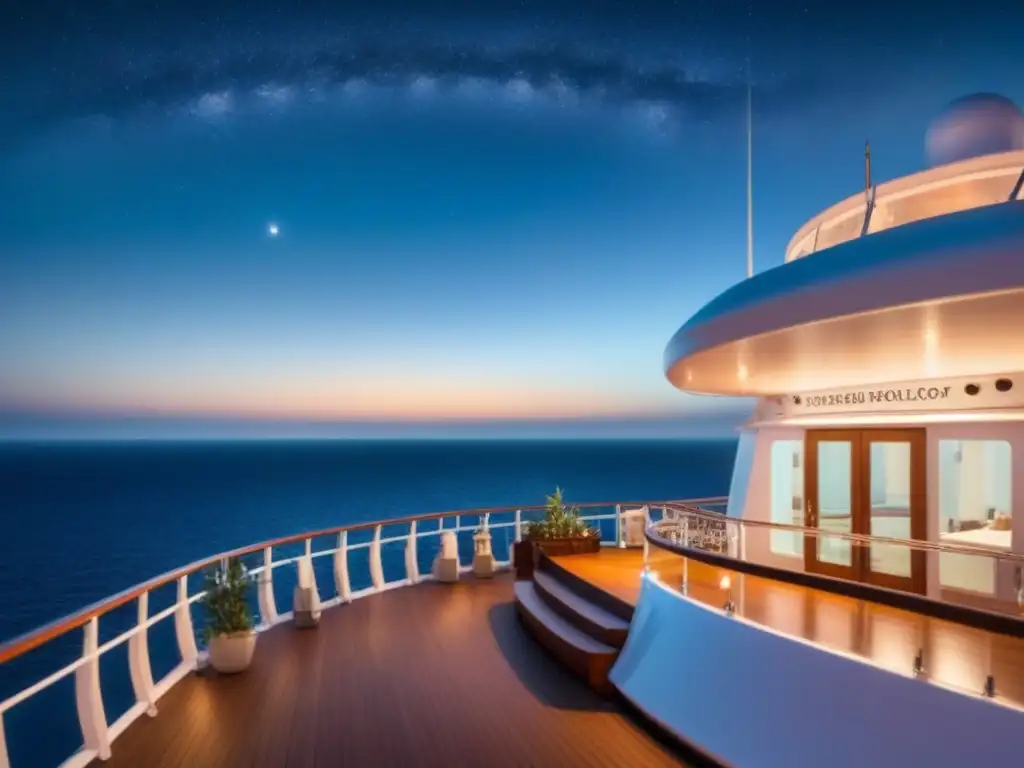 Un crucero temático de música en alta mar bajo un cielo estrellado, músicos tocando en cubierta