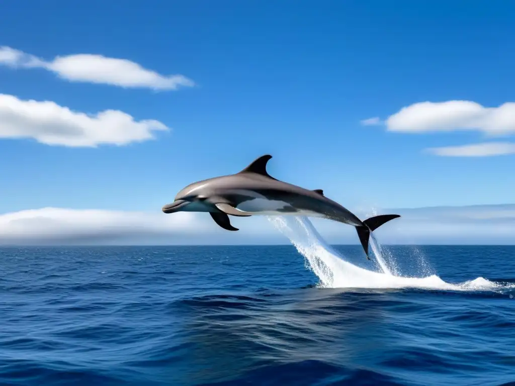 Un crucero temático marítimo curioso en un océano azul profundo, rodeado de delfines juguetones y tecnología avanzada