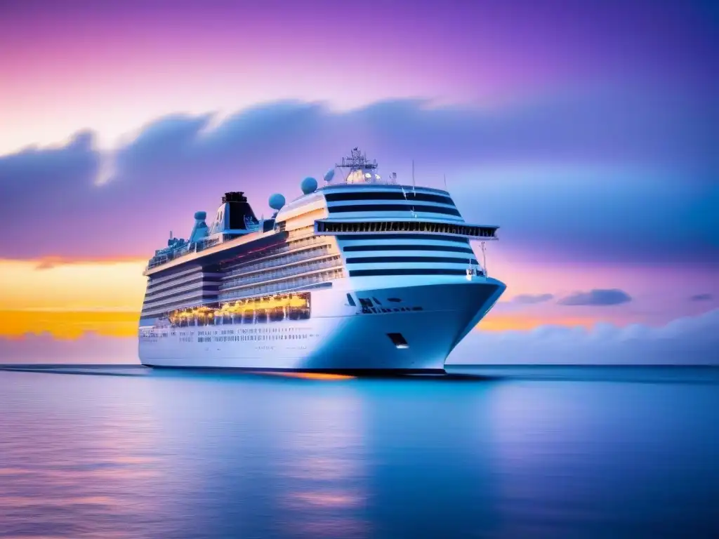 Un crucero temático de música surcando aguas tranquilas al atardecer, iluminando el mar con un resplandor cálido y acogedor