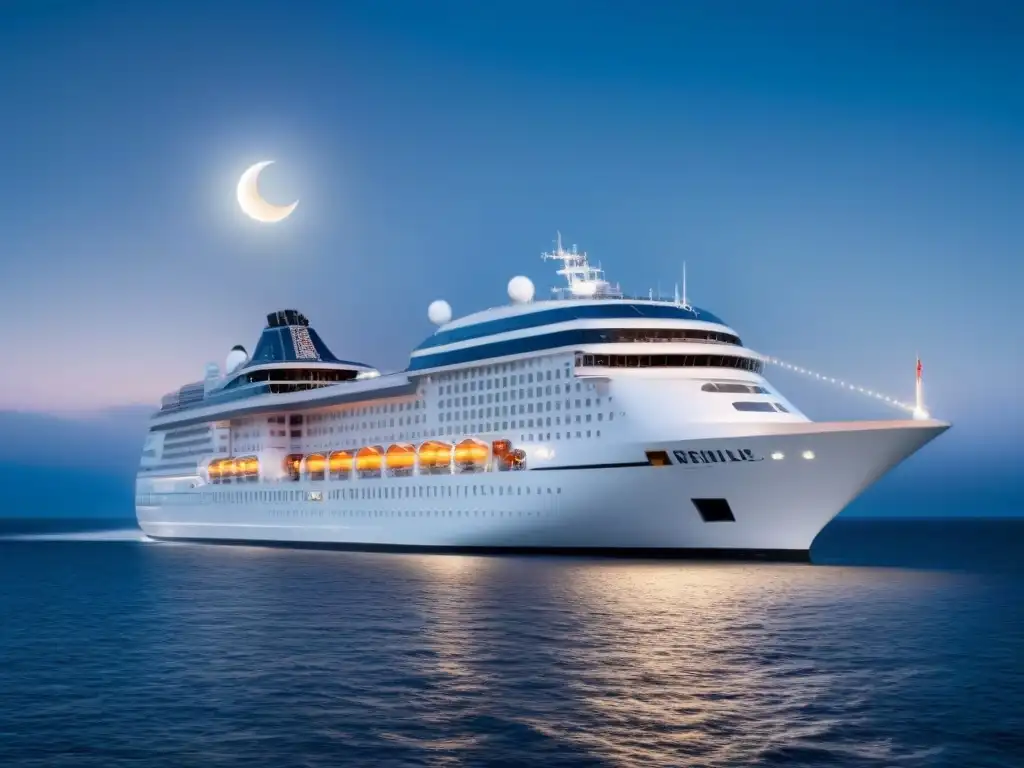 Un crucero temático para ocasiones especiales surca el mar bajo un cielo estrellado y una luna brillante, creando una atmósfera de lujo y serenidad