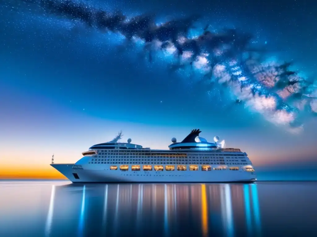 Un crucero temático para pasiones navegando bajo un cielo estrellado y la Vía Láctea, mostrando elegancia y tranquilidad