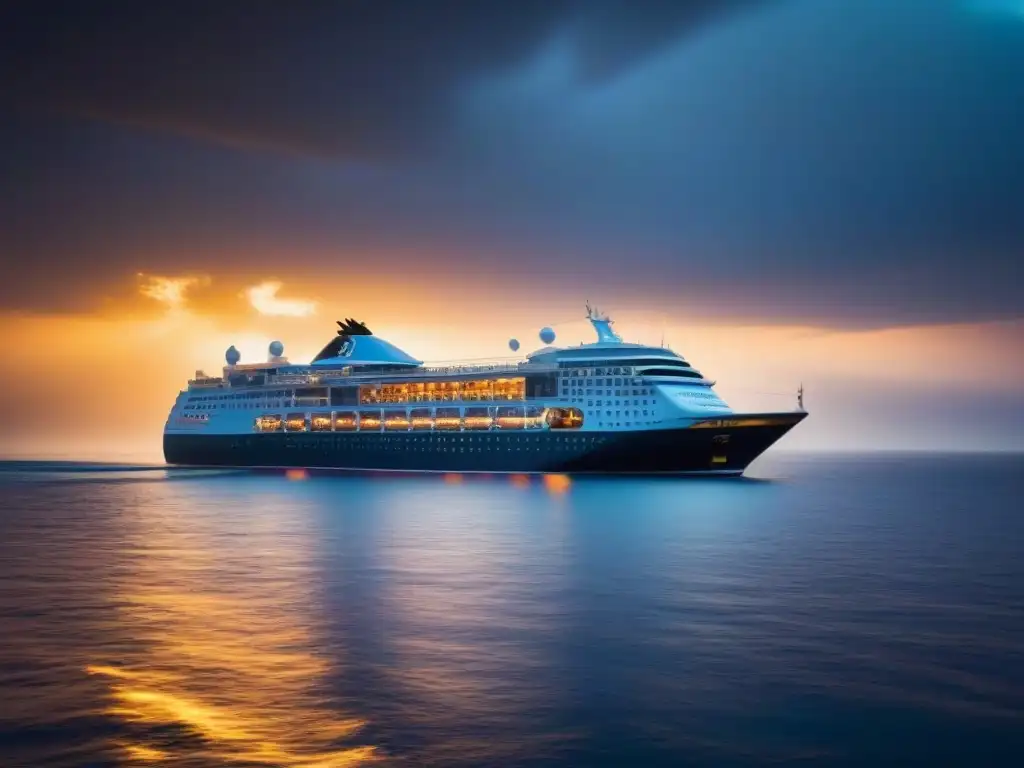 Un crucero temático para pasiones: un elegante barco deslizándose por aguas tranquilas al atardecer, bañado en suave luz dorada