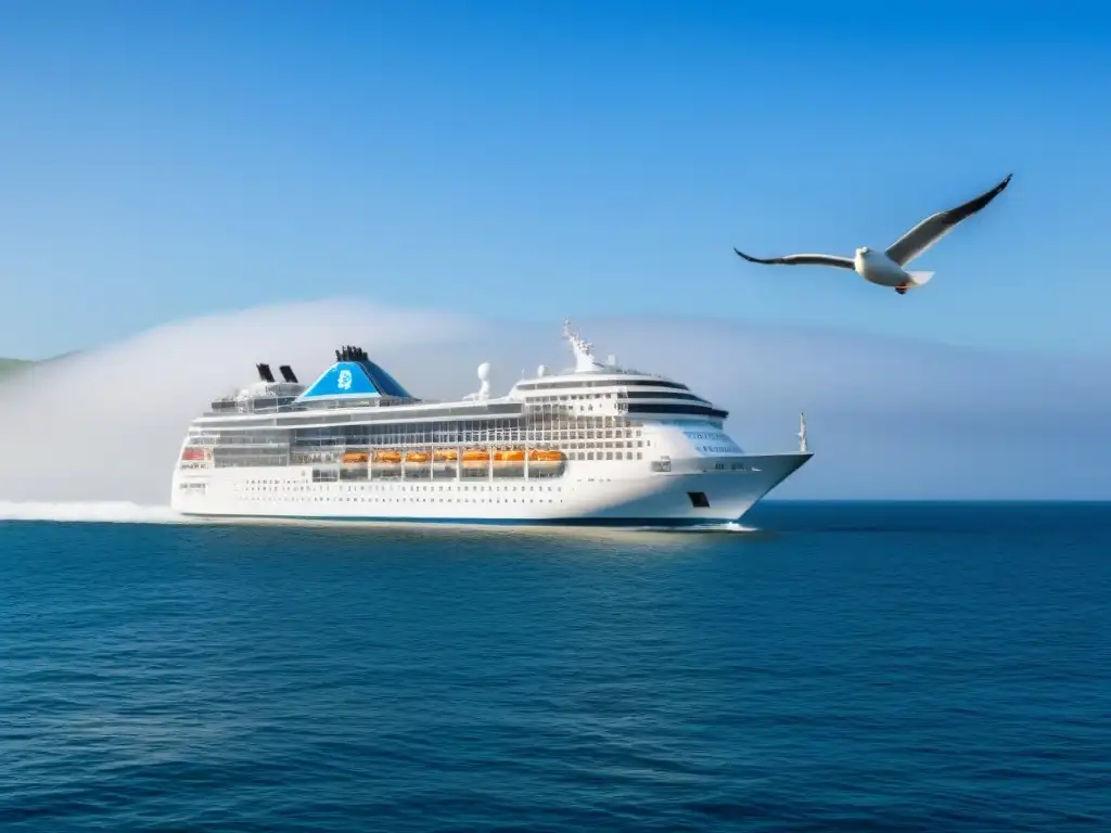 Un crucero tranquilo surcando aguas calmadas bajo un cielo azul, con gaviotas volando