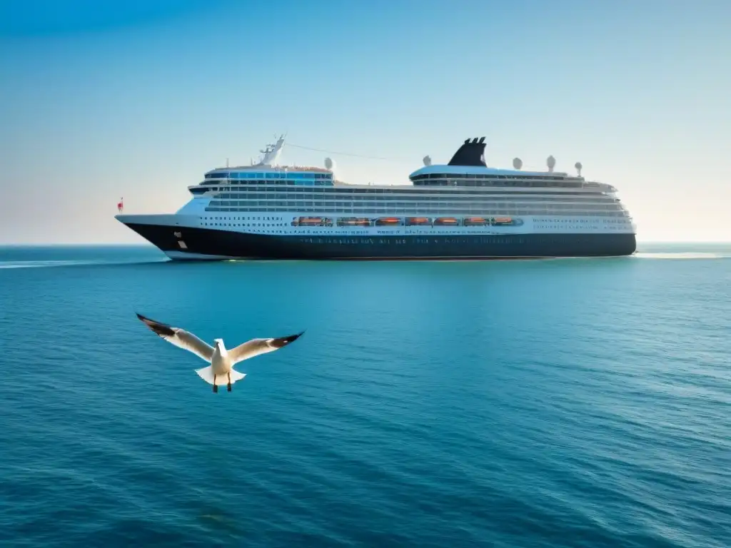 Un crucero tranquilo navegando en aguas calmadas bajo un cielo azul, con gaviotas volando