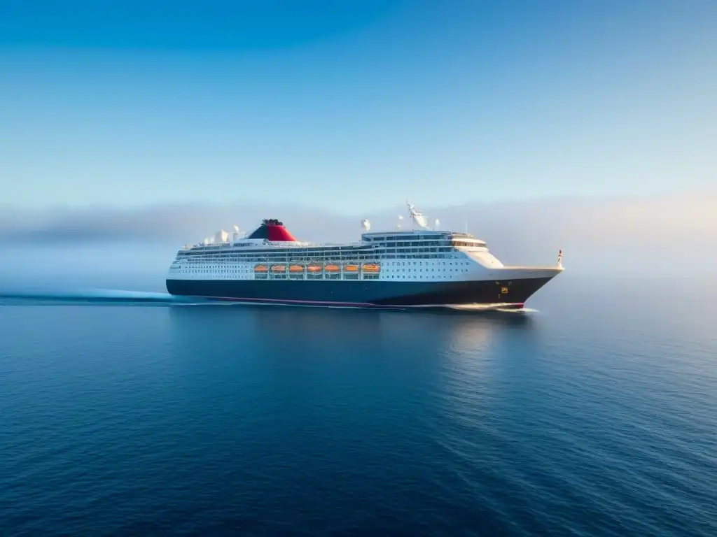 Un crucero tranquilo en aguas serenas bajo un cielo azul, destacando la elegancia y calma