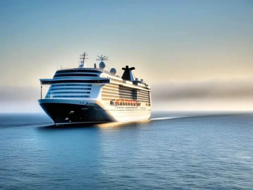 Un crucero tranquilo y minimalista navegando en aguas calmadas bajo un cielo azul, ideal para Seguros cancelación crucero planes cambiar