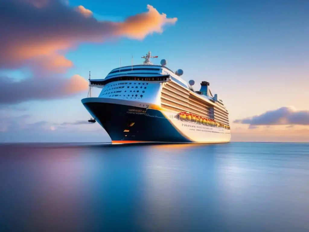 Un crucero transoceánico de lujo surcando aguas tranquilas al atardecer