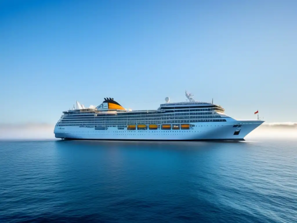 Un crucero transoceánico sobresaliendo en un océano sereno y vasto bajo un cielo azul claro, evocando elegancia marítima