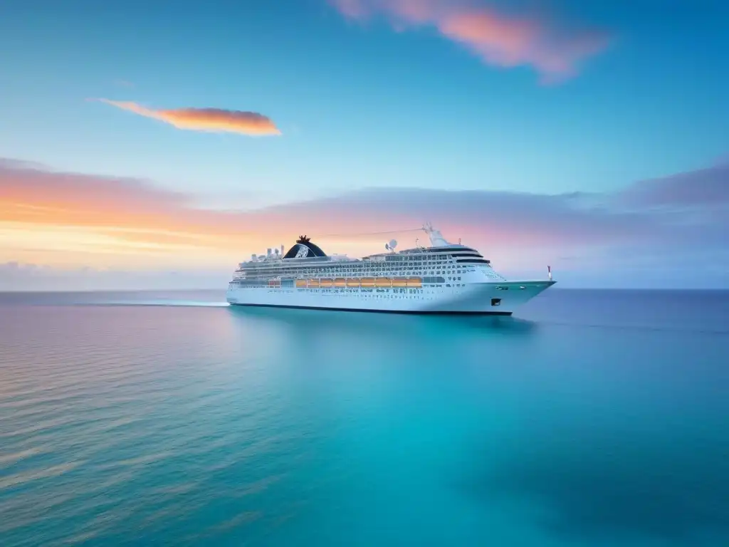 Un crucero turístico navegando en aguas turquesas al atardecer, transmitiendo calma y aventura