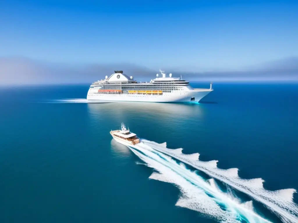 Un crucero turístico blanco deslizándose elegantemente sobre aguas turquesas, bajo un cielo azul infinito