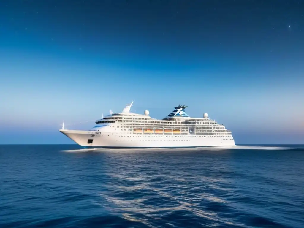 Un crucero turístico elegante navega en aguas tranquilas bajo un cielo estrellado, rodeado de delfines