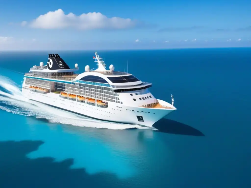 Crucero futurista en aguas turquesa con delfines y paisaje natural Un crucero turístico innovador surca aguas turquesa con diseño vanguardista, rodeado de delfines y paisajes naturales