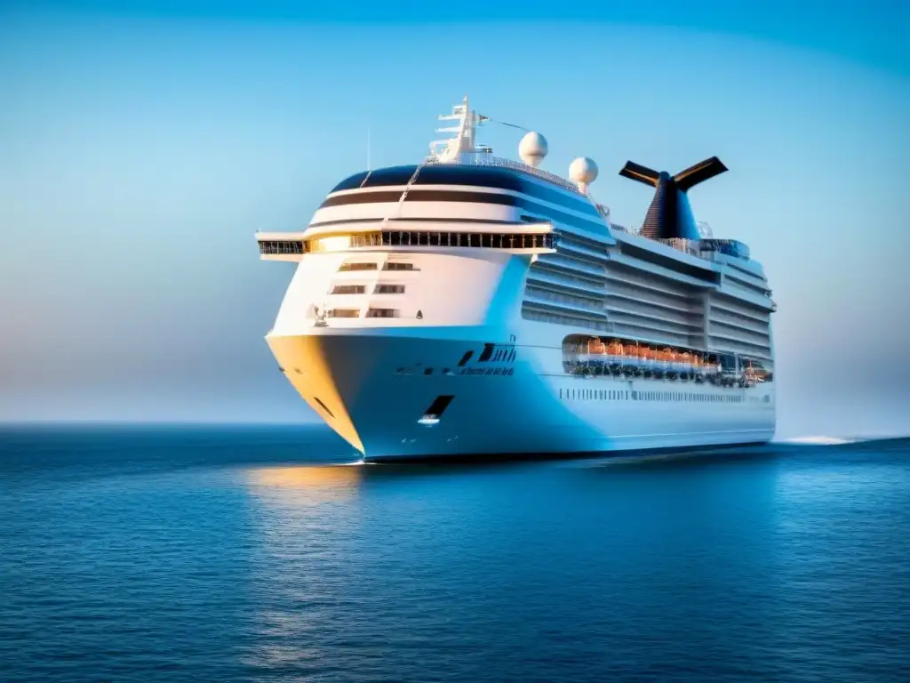 Crucero innovador surcando aguas tranquilas Un crucero turístico moderno navegando en aguas tranquilas bajo un cielo azul, destacando la innovación en cruceros turísticos