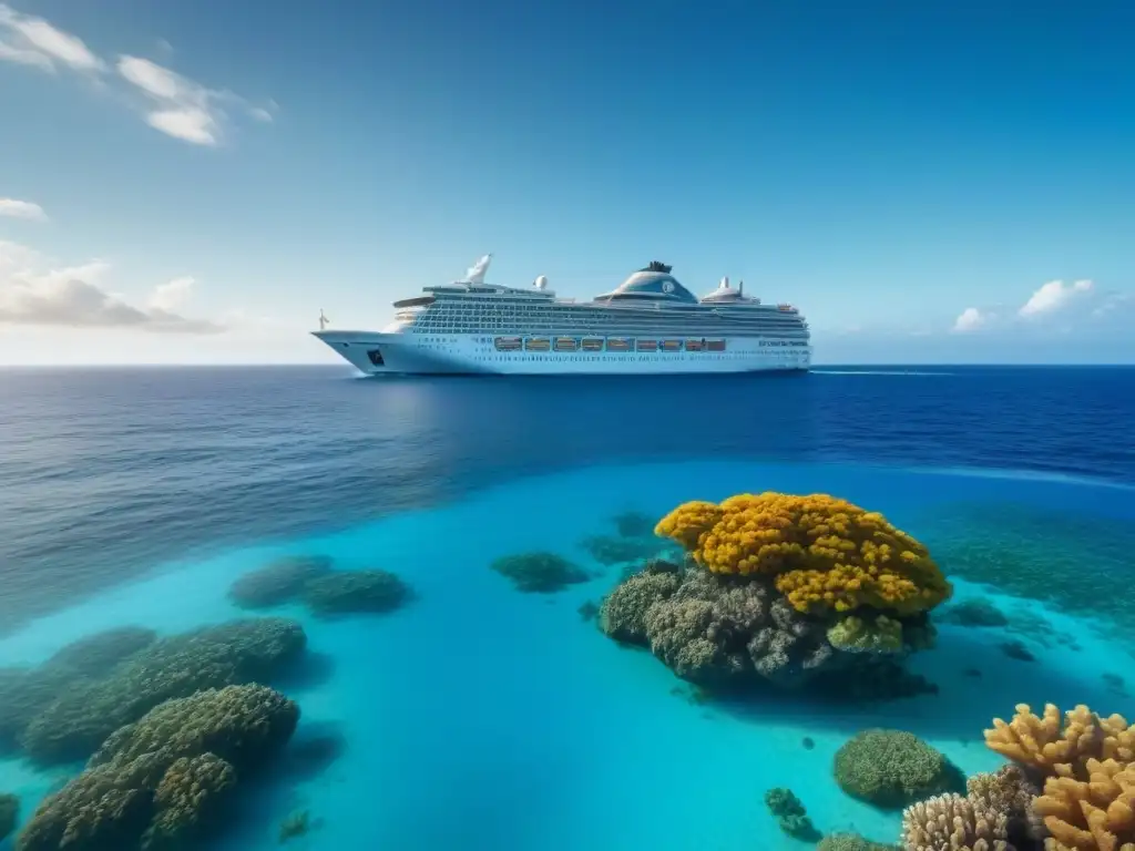 Un crucero turístico moderno navegando entre vida marina en aguas turquesas cristalinas