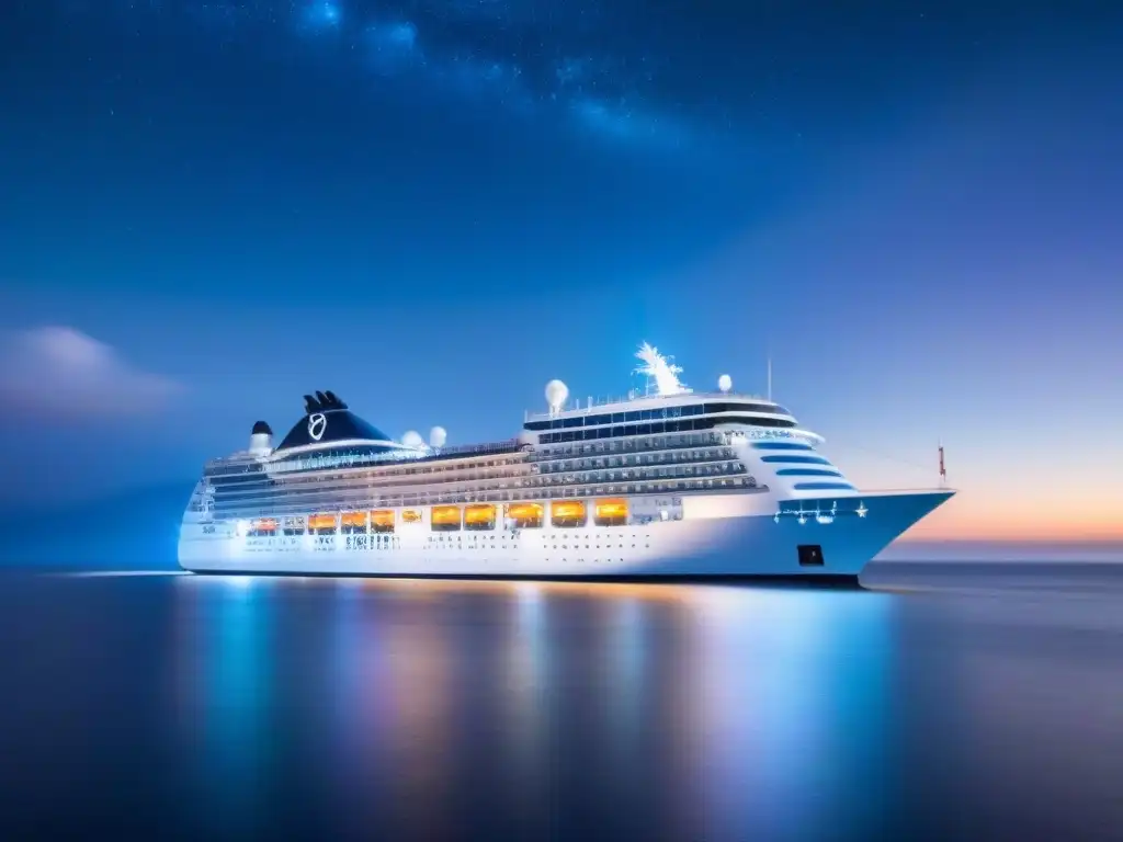 Un crucero de última generación navega bajo un cielo estrellado, reflejando innovaciones tecnológicas en cruceros