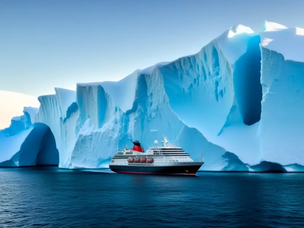 Un crucero de exploración único surcando aguas antárticas entre majestuosos icebergs bajo un cielo azul