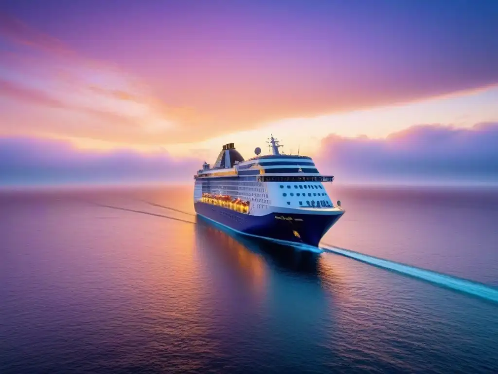 Un crucero vegano elegante surca aguas tranquilas al atardecer, con opciones cena temática crucero vegano