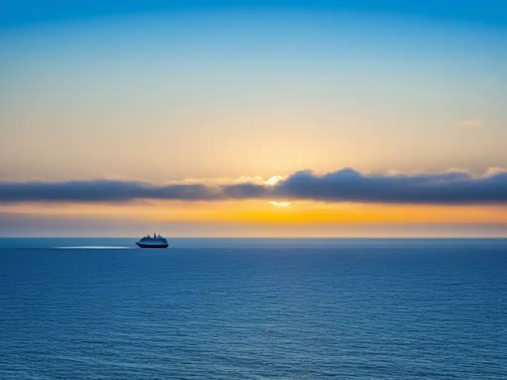 Tranquilidad en el océano al atardecer: crucero y gaviotas Un crucero apenas visible en el horizonte de un vasto océano, rodeado de gaviotas en un cielo azul