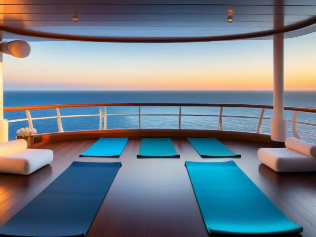 Cruceros bienestar yoga serenidad: cubierta de yoga en crucero al amanecer, con diseño minimalista, mar calmado y paz