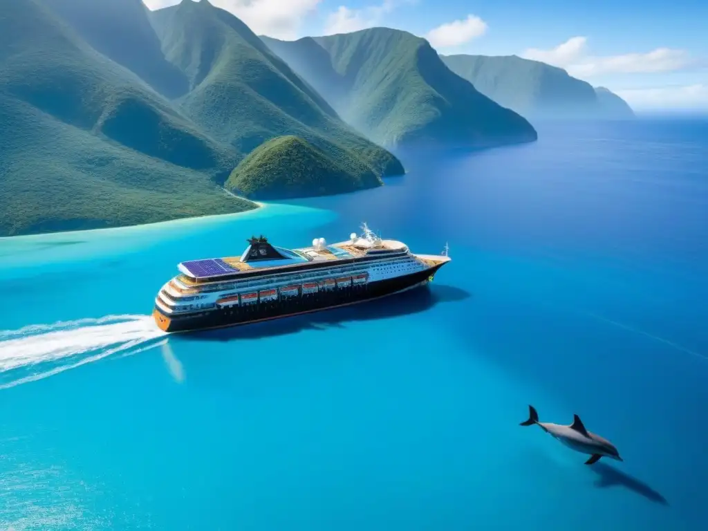 Cruceros ecológicos para aventureros: Un barco eco-friendly surcando aguas turquesas junto a montañas verdes bajo un cielo azul