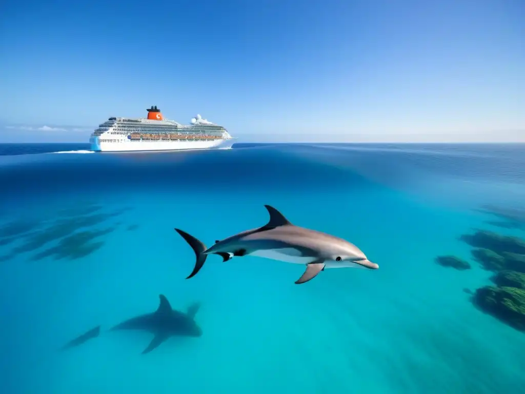 Cruceros ecológicos protegen medio ambiente: Un crucero moderno surca aguas turquesas, con delfines y arrecifes coloridos