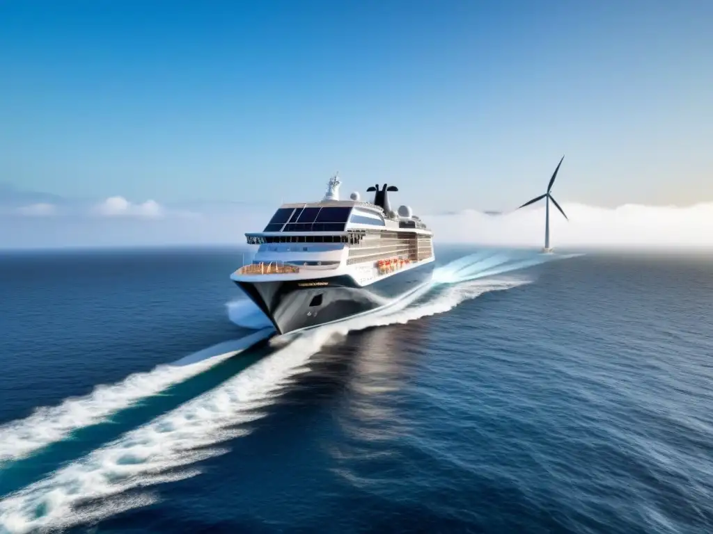 Cruceros ecológicos sostenibles contribuyen: un crucero moderno, ecoamigable, con paneles solares y turbina eólica navegando en armonía con el océano