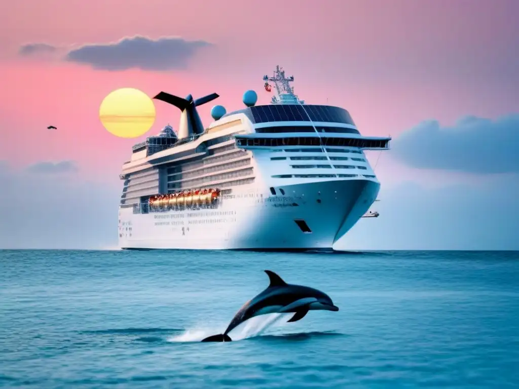 Cruceros ecológicos sostenibles alta mar: Un elegante barco rodeado de delfines en aguas cristalinas al atardecer