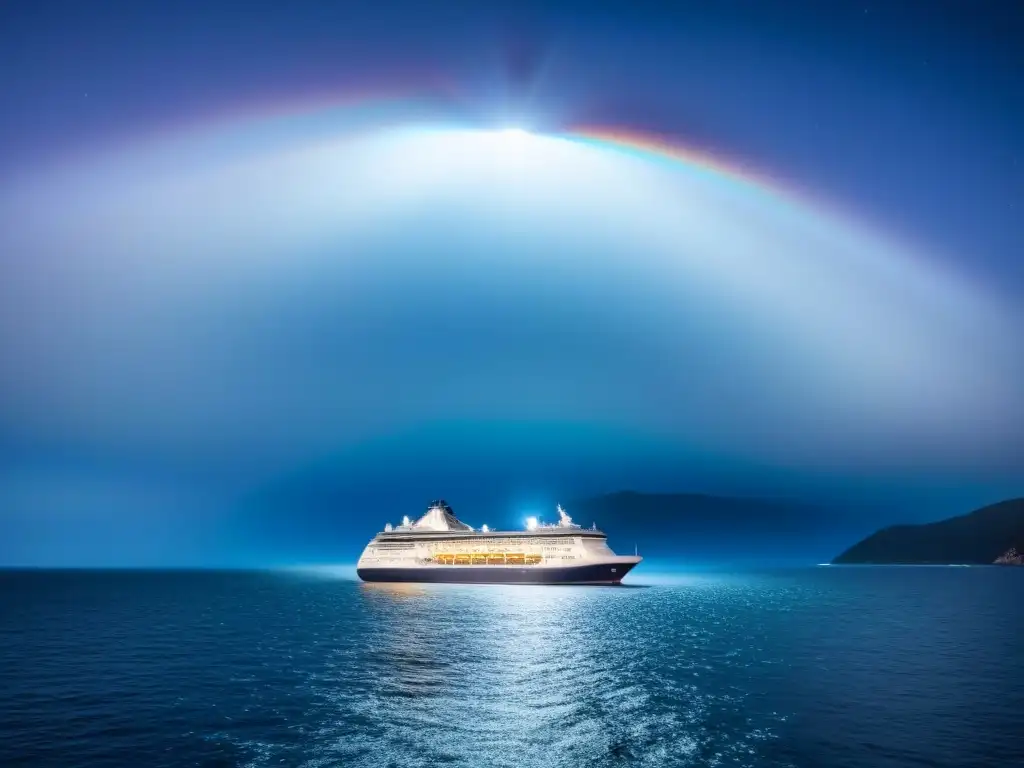 Procedimientos de seguridad: bote salvavidas en crucero Guía supervivencia en cruceros emergencia: Crucero en calma de noche, bote salvavidas bajando con luz en el mar estrellado