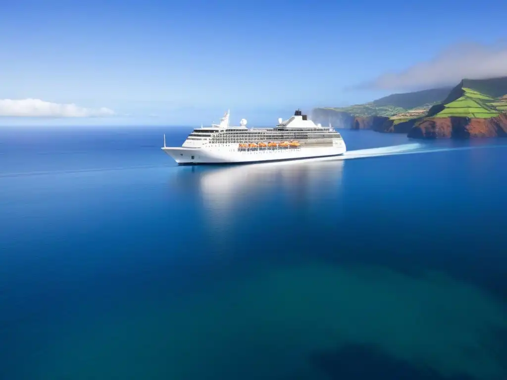 Cruceros exclusivos por Madeira y Azores: un elegante barco de lujo navegando en aguas cristalinas con islas verdes de fondo