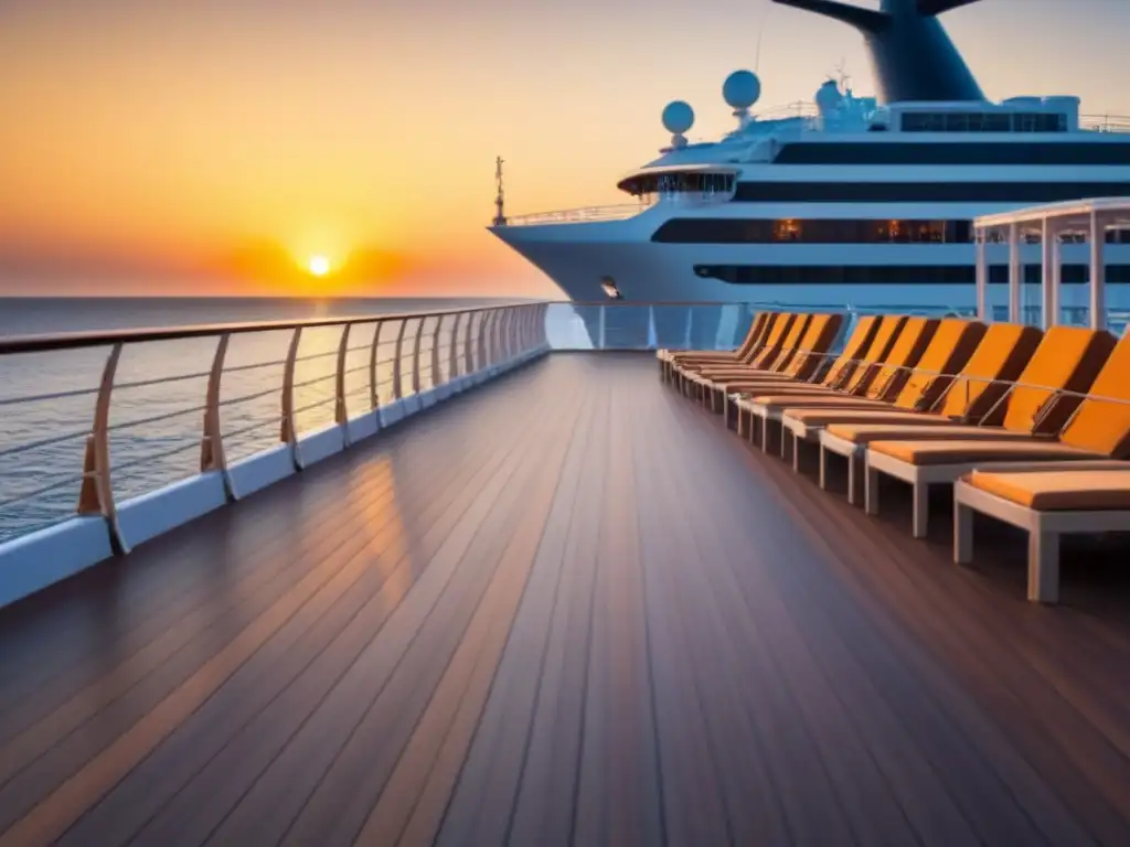 Fotografía de cruceros de lujo al atardecer, con sillas en cubierta y sombras largas bajo la cálida luz dorada