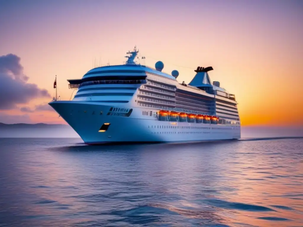 Fotografía de cruceros de lujo: Un crucero elegante surcando aguas cristalinas al atardecer