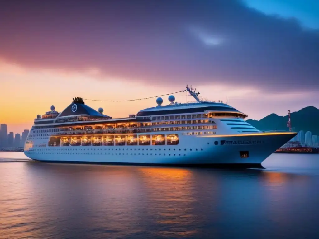 Cruceros de lujo por Asia: Un elegante barco en un puerto asiático al atardecer, rodeado de luces cálidas y siluetas icónicas