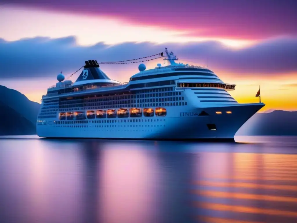 Crucero de lujo al atardecer: elegancia y aventura en alta mar Fotografía en cruceros de lujo: Un elegante barco navegando al atardecer en un escenario deslumbrante