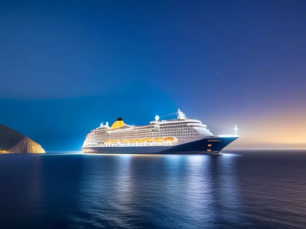 Invertir en cruceros de lujo: Un elegante crucero navegando bajo un cielo estrellado en aguas tranquilas