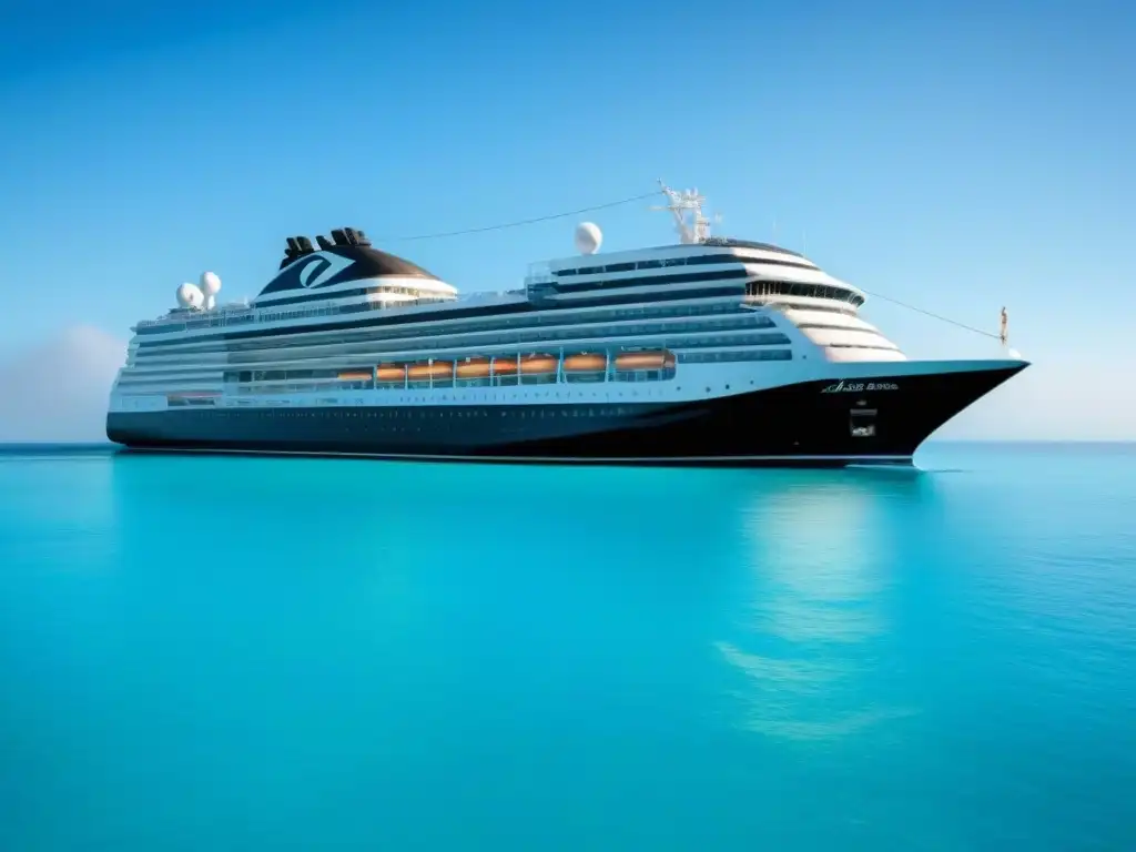 Fotografía de cruceros de lujo: Un elegante crucero corta las tranquilas aguas turquesas bajo un cielo azul sereno