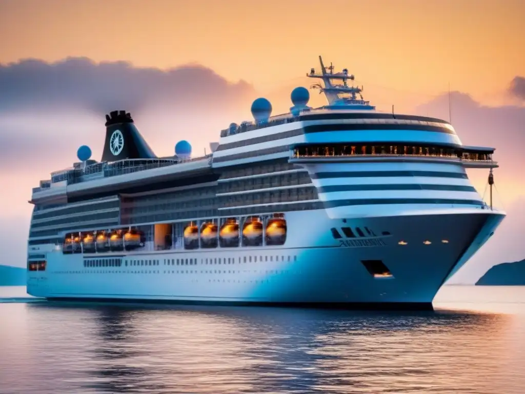 Inversión en cruceros de lujo: Un lujoso barco navegando al atardecer en un mar sereno, reflejando un cielo dorado