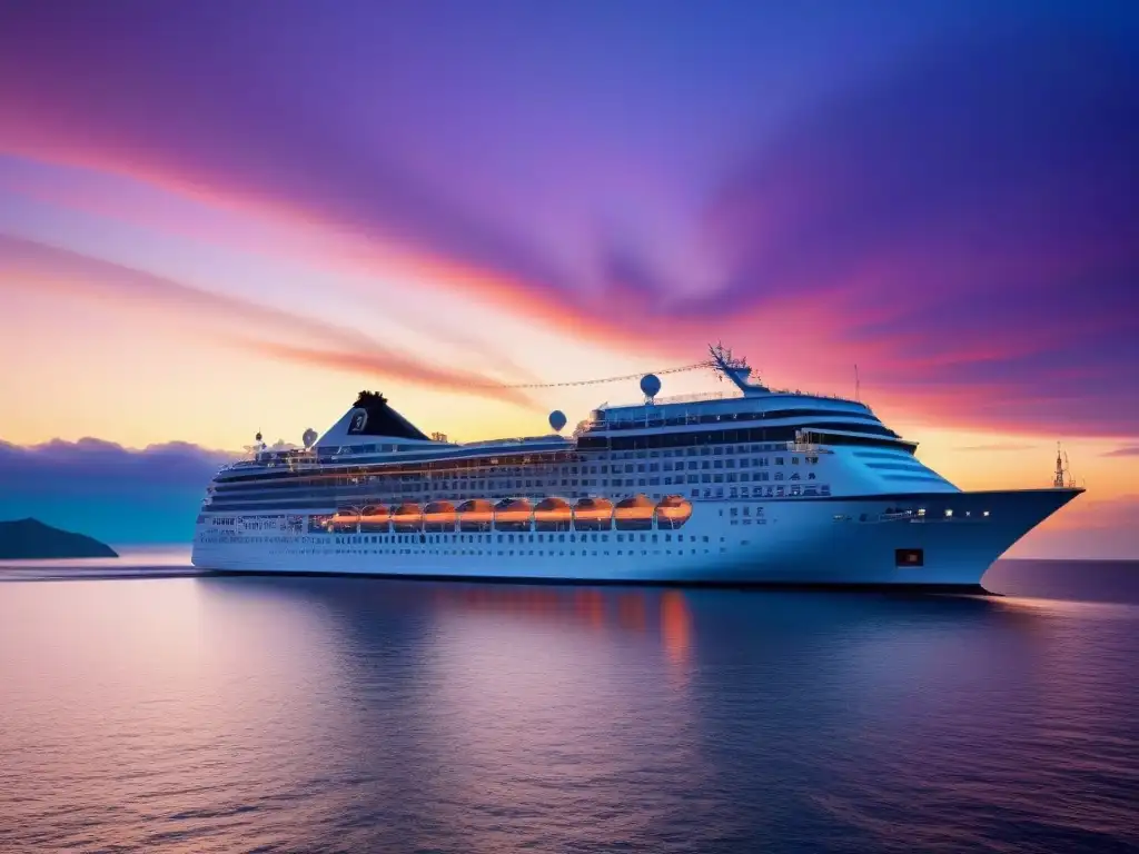 Fotografía de cruceros de lujo: Silueta elegante de un barco al atardecer en un mar tranquilo con cielo vibrante