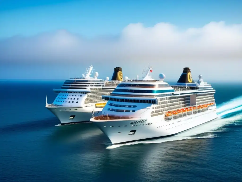 Dos cruceros: uno lujoso con detalles elegantes y otro económico con comodidades sencillas, resaltando la diferencia entre cruceros económicos vs lujo