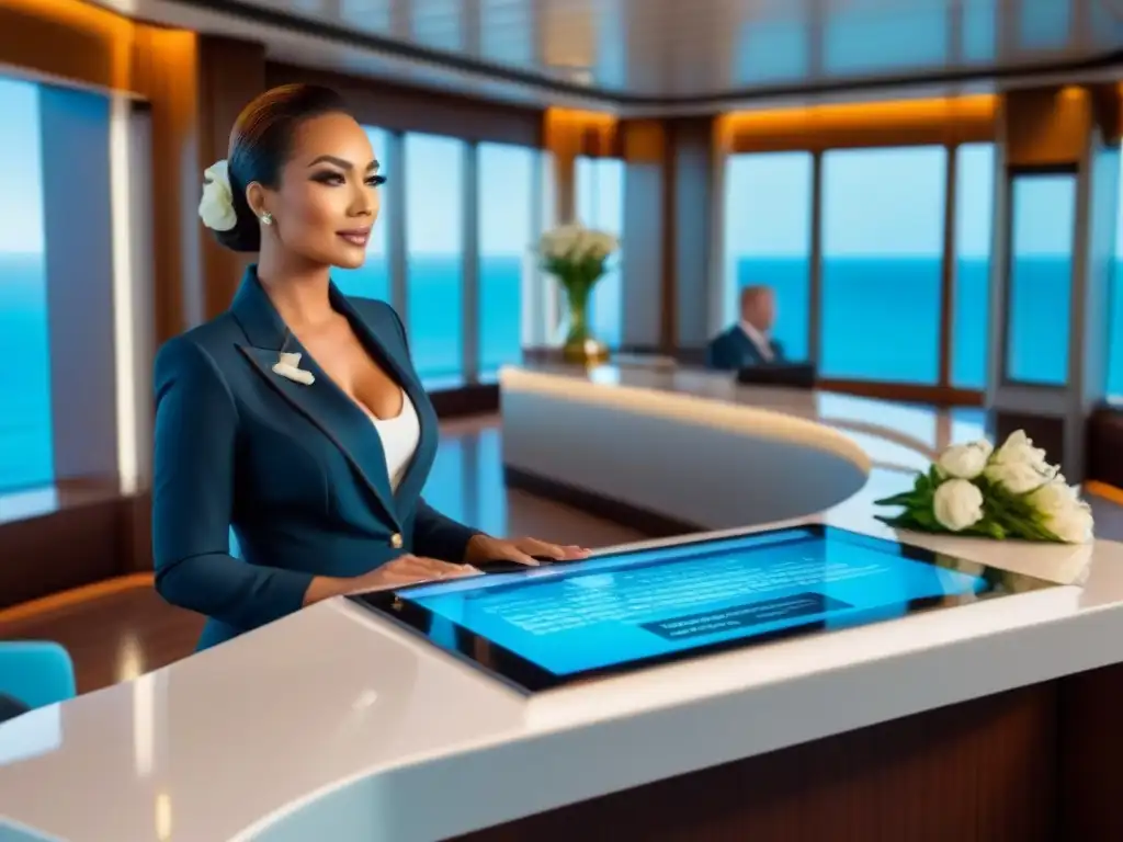 Función concierges en cruceros: lujoso mostrador con diseño elegante, pantalla de información, llaves ordenadas y flores frescas, con vista al mar