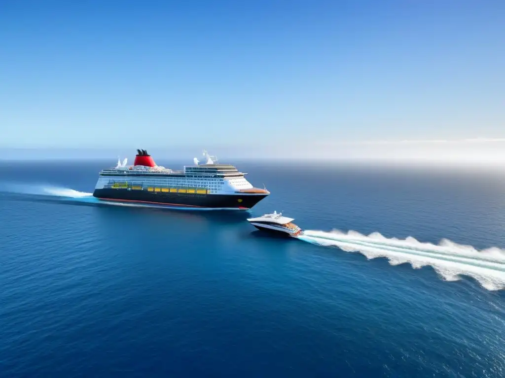 Dos cruceros en el mar, uno con certificación ecológica, diseño moderno, paneles solares y turbinas eólicas