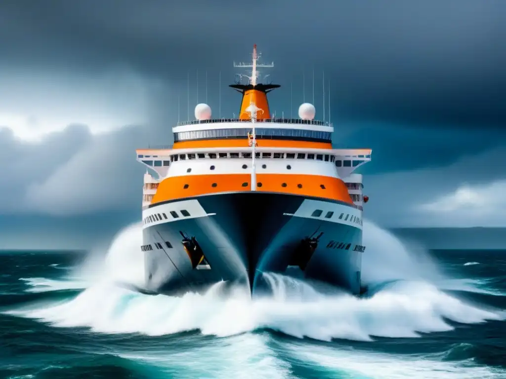 Evacuación en cruceros en alta mar durante tormenta, tripulación y pasajeros en chalecos naranjas