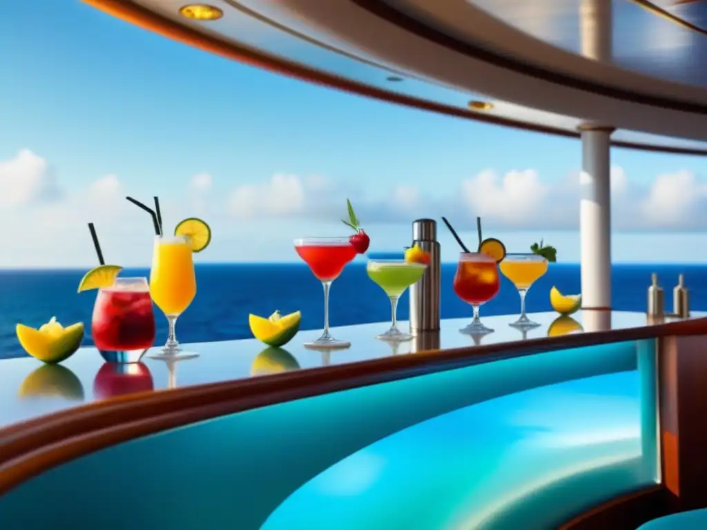 Mocktails en cruceros marítimos: Detalles coloridos de mocktails en un elegante bar de un crucero, con un paisaje marino sereno de fondo